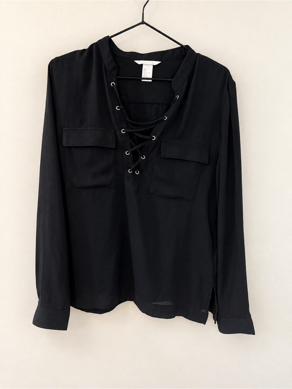 H&M Black Lace-Up V-Neck Long Sleeve Blouse